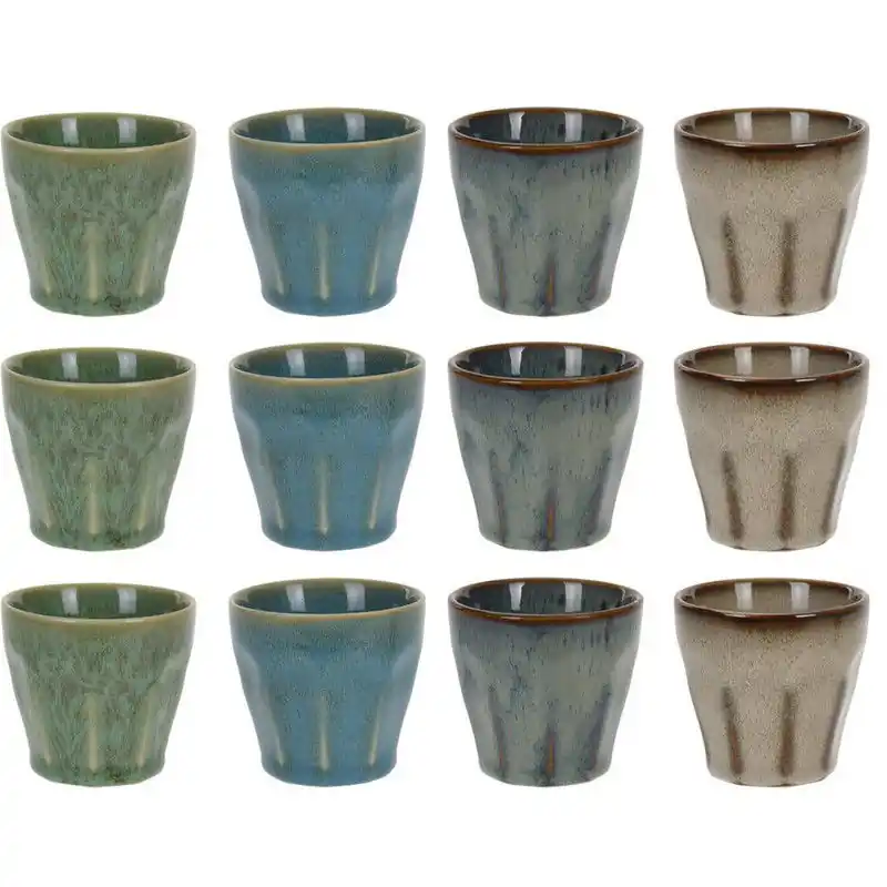 Trendy Set van 12x stuks kleine luxe gekleurde porseleinen bekers/koffiekopjes 90 ml - Bekers