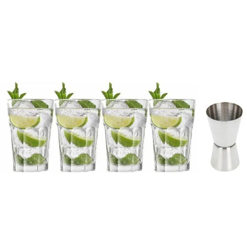 4x Cocktailglazen / Mojito glazen transparant 410 ml met RVS maatbeker / barmaatje - Cocktailglazen Speciale Aanbieding