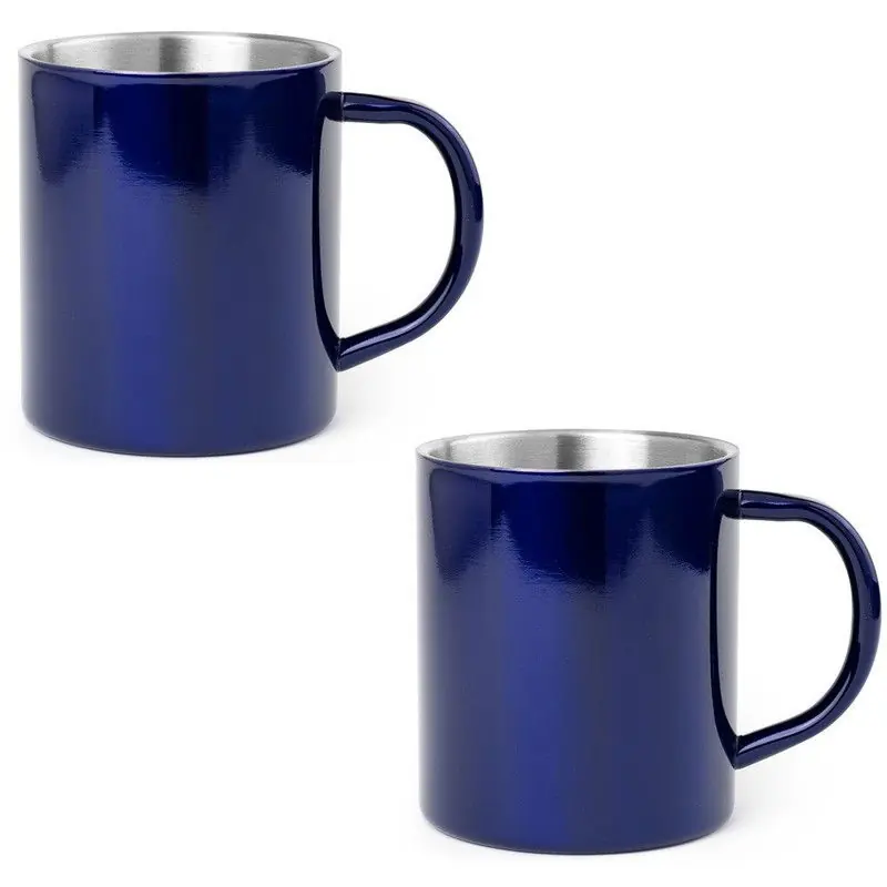 Lage Prijs Luxe drinkbeker/koffiemok - 2x - metallic blauw - 280 ml - RVS - Bekers