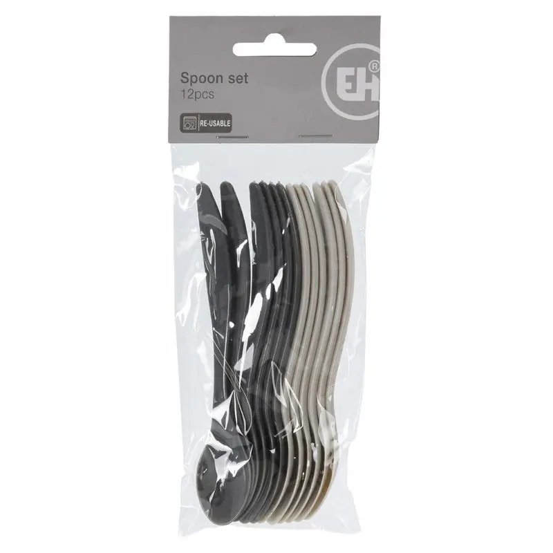 Excellent Houseware Eierlepels - 12 stuks - kunststof - 14 cm - zwart/grijs - Theelepels Hete Deal
