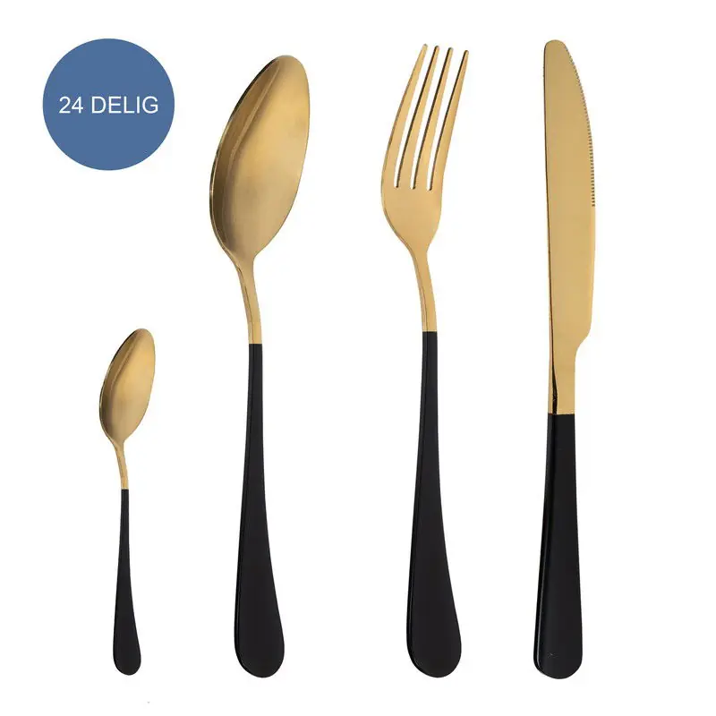 Krumble Bestekset (plat) - 24 delig - 6 persoons - Goud en zwart Goedkoop
