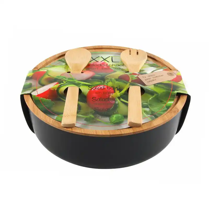 Svenska Living - Saladeschaal/kom - Met couvert - Bamboe - Zwart - Saladeschalen Ambachtelijk