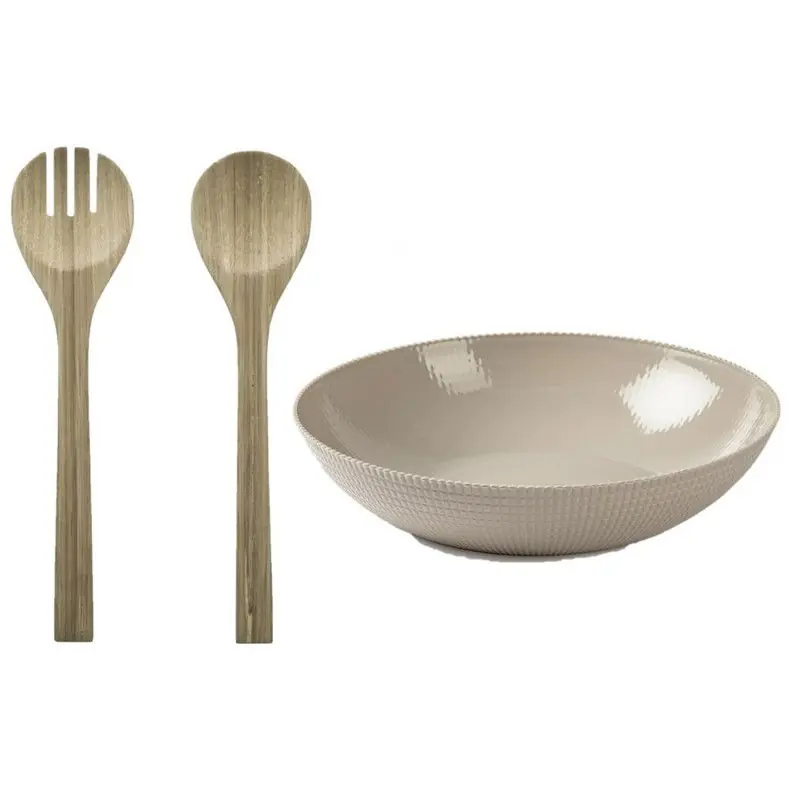 Plastic Forte Slakom/schaal met bamboe slacouvert - Kunststof - D30 cm - Saladeschalen Uitverkoop