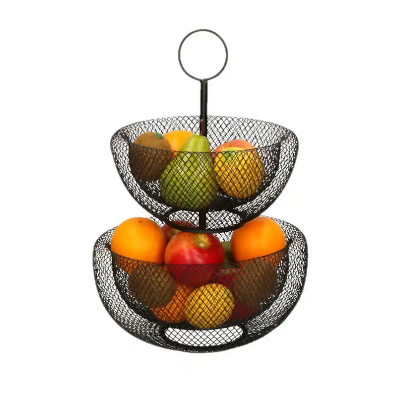 Speciale Aanbieding Dubbele etagere fruitschaal/fruitmand rond zwart metaal 29 x 47 cm - Fruitschalen