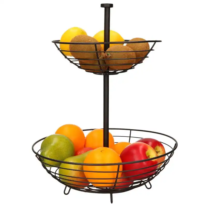 Metalen fruitmand/fruitschaal etagere 2 lagen zwart rond 30 x 40 cm - Fruitschalen Actieprijs