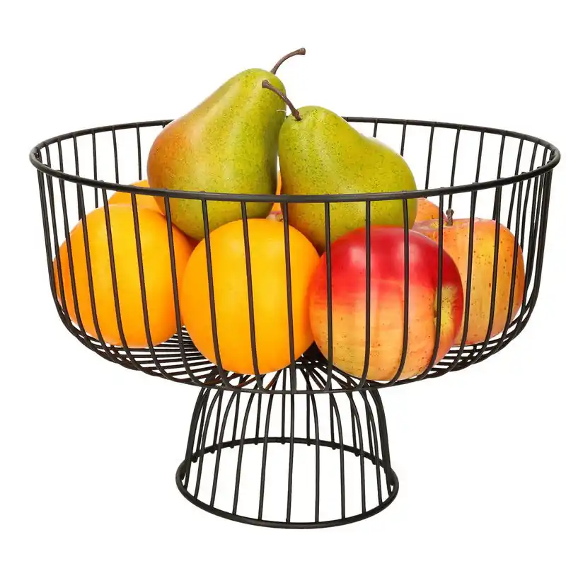 Fruitschaal/fruitmand rond op voet zwart metaal 28 cm - Fruitschalen Must-Have