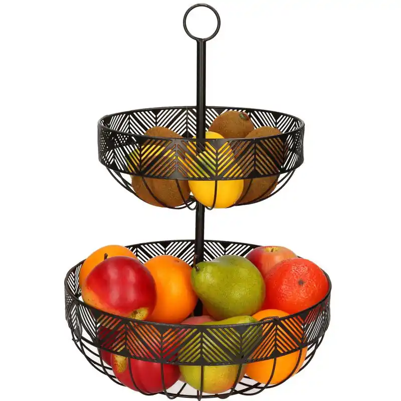 Actieprijs Dubbele etagere fruitschaal/fruitmand rond zwart metaal 30 x 42 cm - Fruitschalen