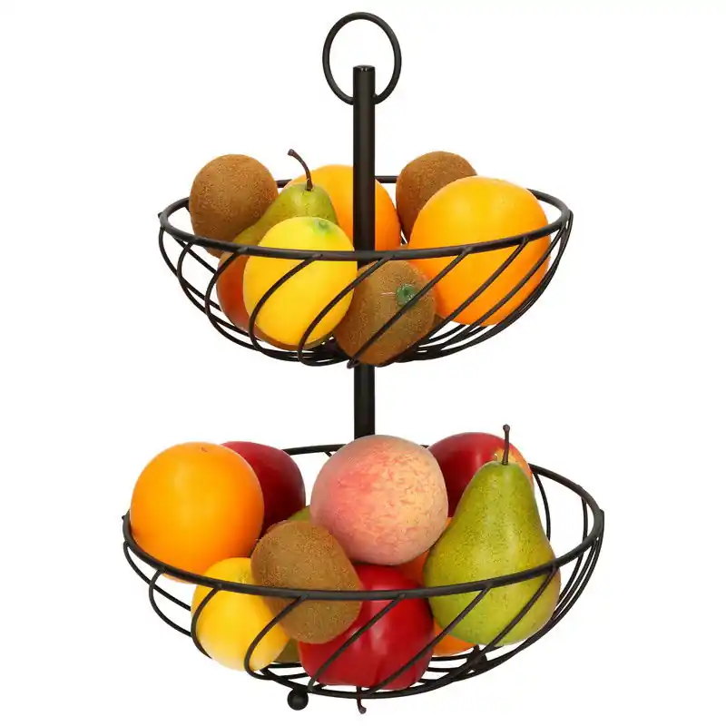 Dubbele etagere fruitschaal/fruitmand rond zwart metaal 27 x 39 cm - Fruitschalen Weekendaanbieding