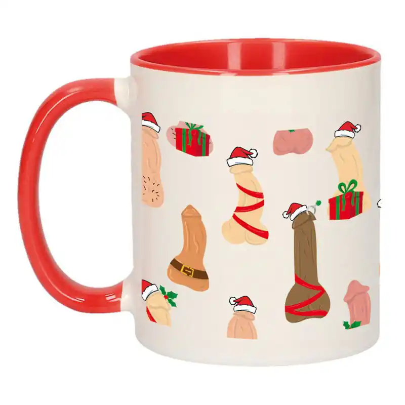 Foute humor Kerst cadeau mok met feestelijke piemels - rood - Bekers Gratis Retour