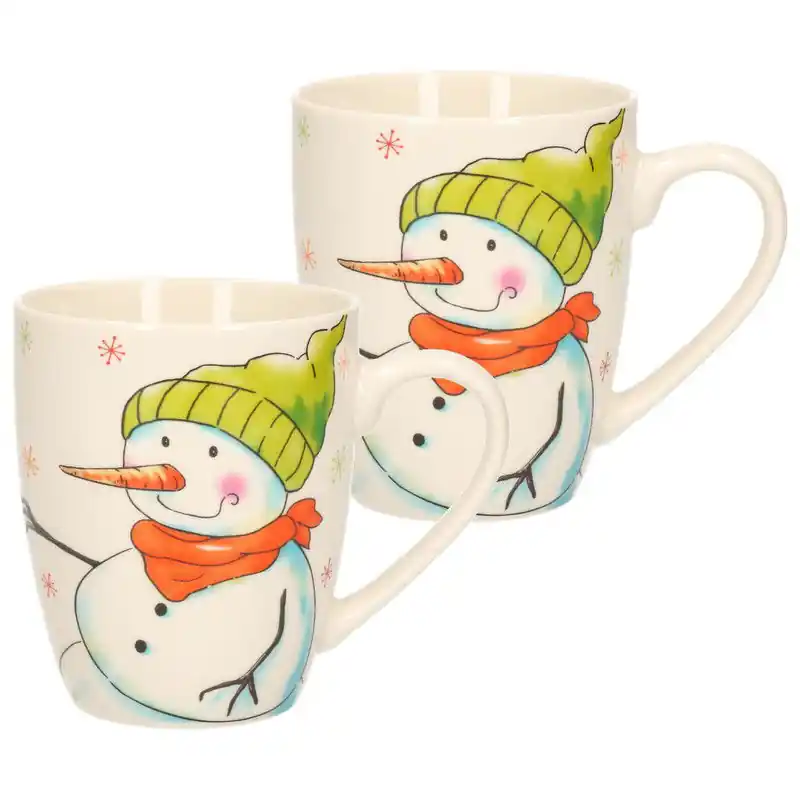 2x stuks kerstmok/wintermok sneeuwpop met groene muts en oranje sjaal van poreselein 10 cm - Bekers Op = Op