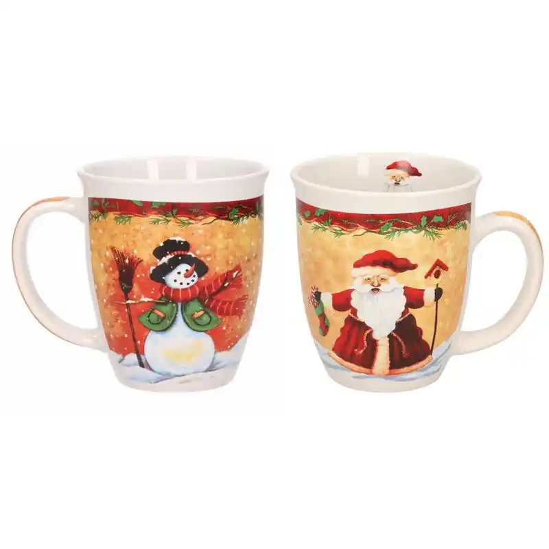 Set van 2x stuks kerstmokken sneeuwpop met zwarte hoed en kerstman met kerstsok 11 cm - Bekers Beperkte Voorraad