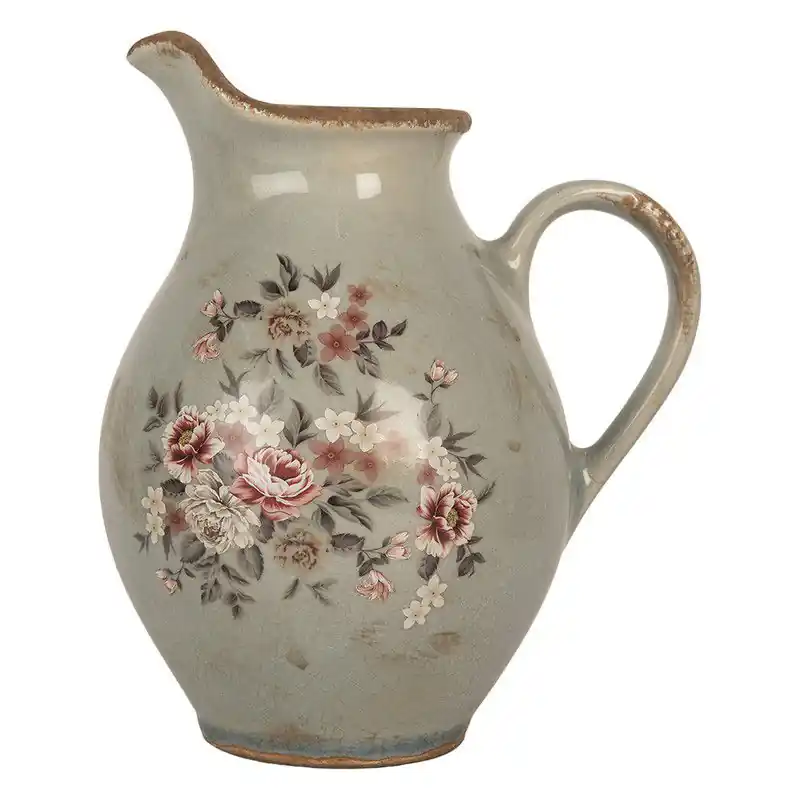 Clayre & Eef Decoratie Kan 21x16x24 cm Grijs Keramiek Bloemen Laatste Kans