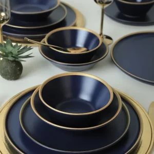 Finale Uitverkoop Keramika Serviesset - Mat Navy Blue/Gold - 24 delig - 6 Personen - Stoneware