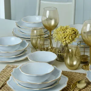 Finale Uitverkoop Keramika Serviesset - White/Gold Romeo - 24 delig - 6 Personen - Stoneware