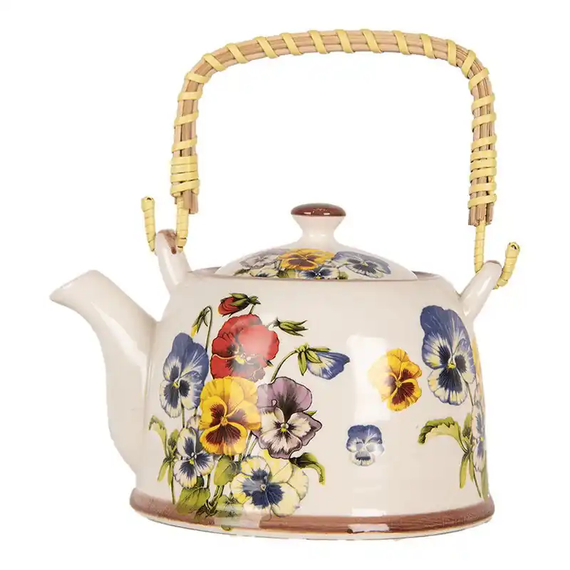 Trendy Clayre & Eef Theepot met Filter 800 ml Wit Blauw Keramiek Bloemen