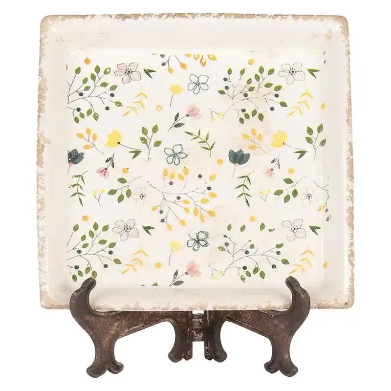 Origineel Clayre & Eef Onderbord 22x22x3 cm Beige Keramiek Bloemen