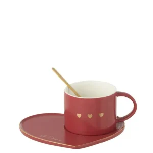 Gratis Retour J-Line - Mok + Bordje + Lepel 3 Hart Keramiek Rood - 16x14.2x7.5cm