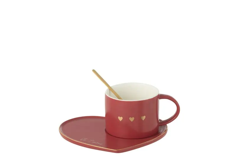 Gratis Retour J-Line - Mok + Bordje + Lepel 3 Hart Keramiek Rood - 16x14.2x7.5cm