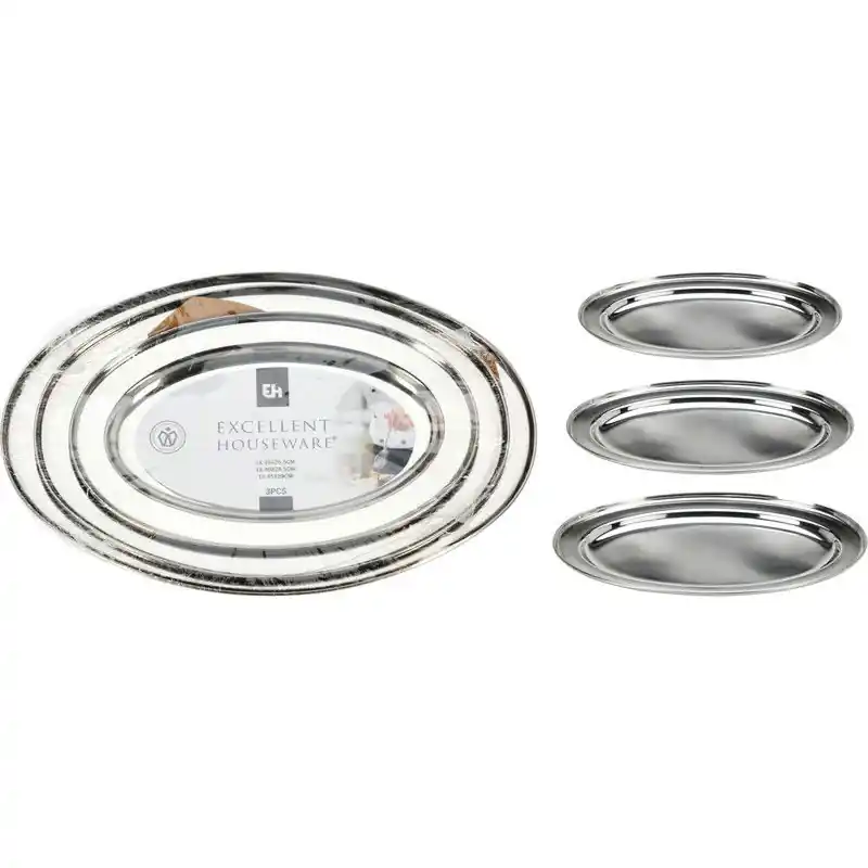 Direct Verzonden EH serveerschalen/dienbladen 3x stuks - ovaal - rvs - D34/40/45 cm - Serveerschalen