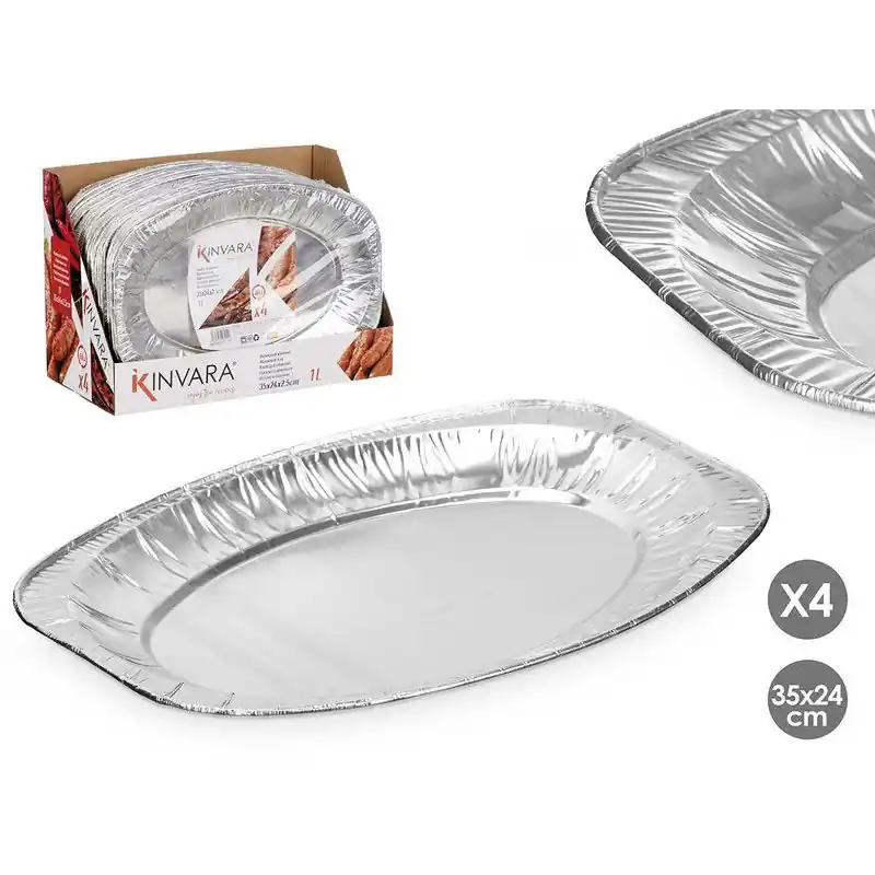 Kinvara Aluminium BBQ/verjaardag/hapjes serveerschalen - zilver - 4x stuks - 35 x 24 cm - wegwerp - Snack en tapasschalen Bestel Nu