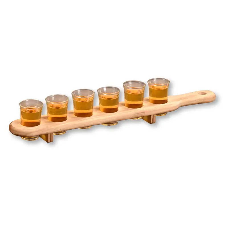 Kesper Shotglazen/shotglaasjeshouder - met 6 kleine glaasjes - 8 cm per glas - 45 x 6 cm - hout - Shotglazen Speciale Aanbieding