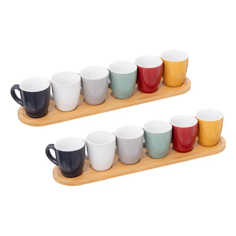 Must-Have Espresso/koffie kopjes set - 12x - met bamboe plankjes - aardewerk kopjes - 90ml - diverse kleuren - Koffie- en theeglazen