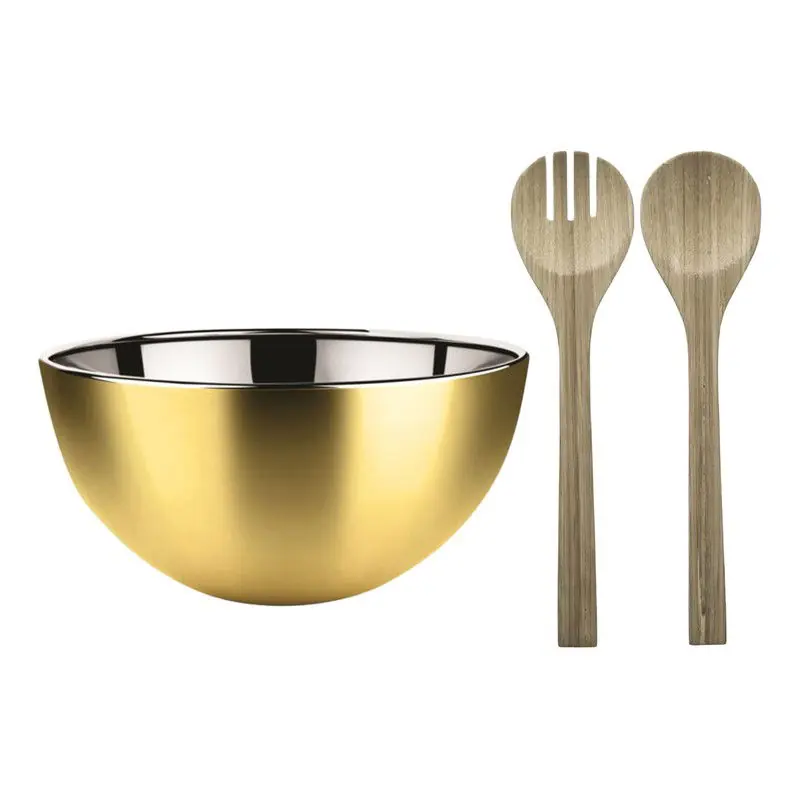 Salade schaal met sla couvert - RVS/bamboe - goud - serveerschaal - D23 x H11 cm - Serveerschalen Exclusief