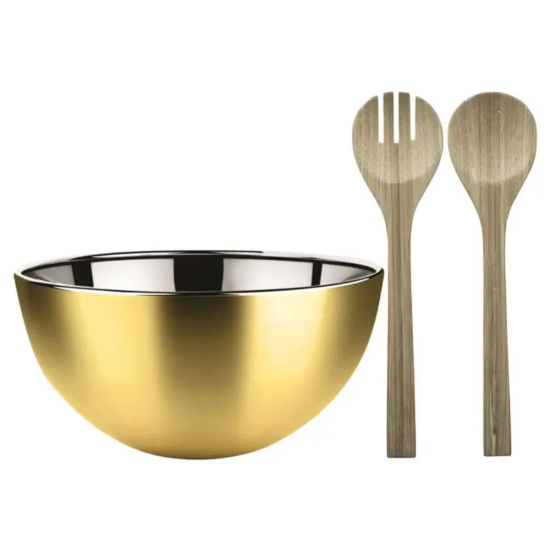Salade schaal met sla couvert - RVS/bamboe - goud - serveerschaal - D29 x H14 cm - Serveerschalen Garantie Inbegrepen