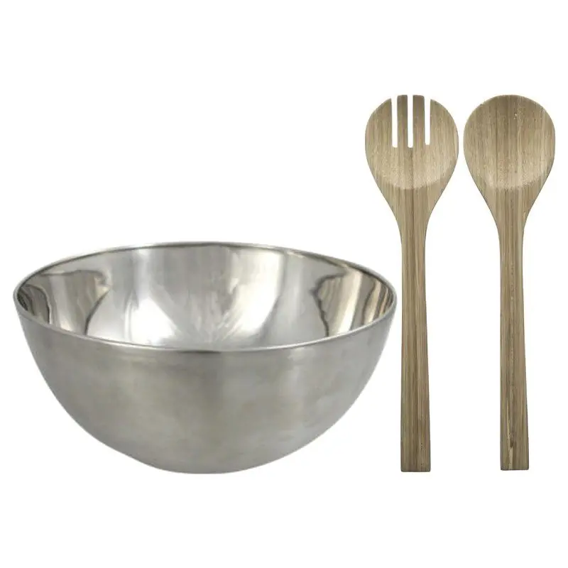 Salade schaal met sla couvert - RVS/bamboe - mat zilver - serveerschaal - D29 x H14 cm - Serveerschalen Topkwaliteit