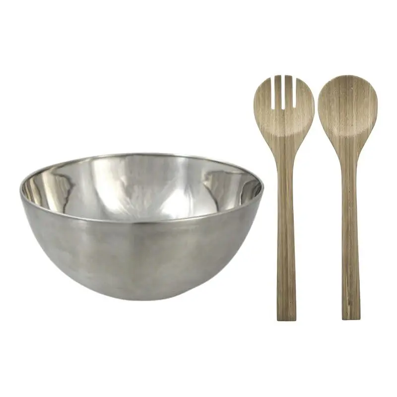 Salade schaal met sla couvert - RVS/bamboe - mat zilver - serveerschaal - D23 x H11 cm - Serveerschalen Koop Vandaag