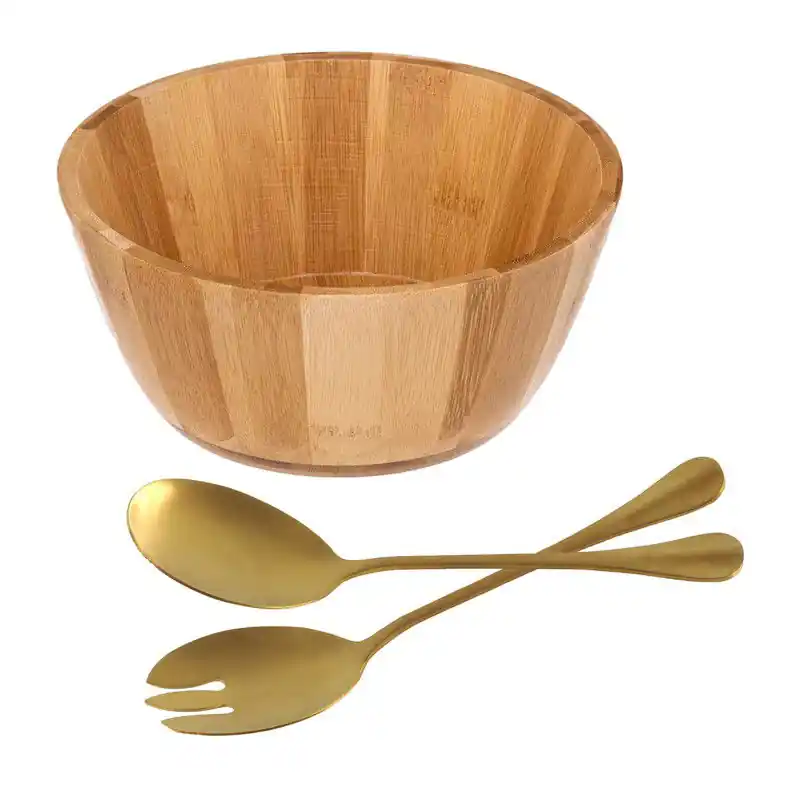 Ambachtelijk Salade schaal met sla couvert - bamboe hout - lichtbruin - serveerschaal - D19 x H8 cm - Serveerschalen