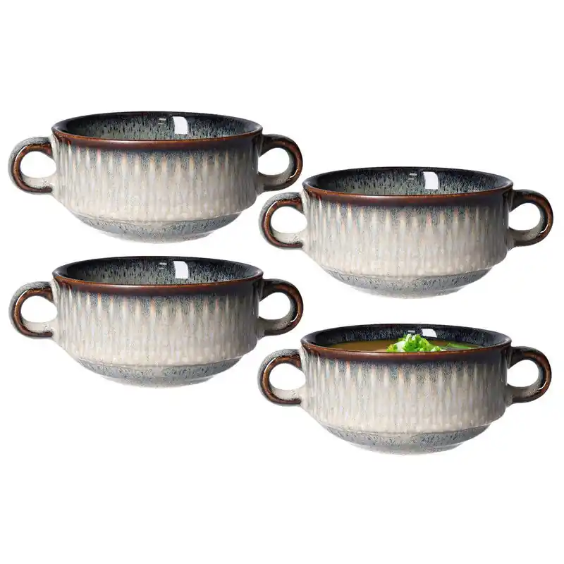 Cosy & Trendy Kommetjes/soepkommen voor dessert/ontbijt - 4x - Keramiek - D11 x 6 cm - grijs/groen print - Kommetjes Goedkoop