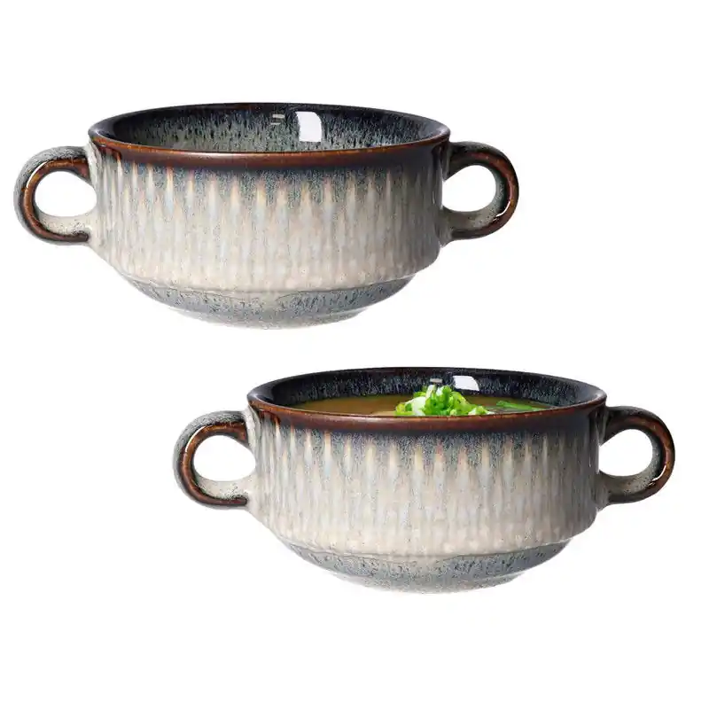 Cosy & Trendy Kommetjes/soepkommen voor dessert/ontbijt - 2x - Keramiek - D11 x 6 cm - grijs/groen print - Kommetjes Koop Vandaag