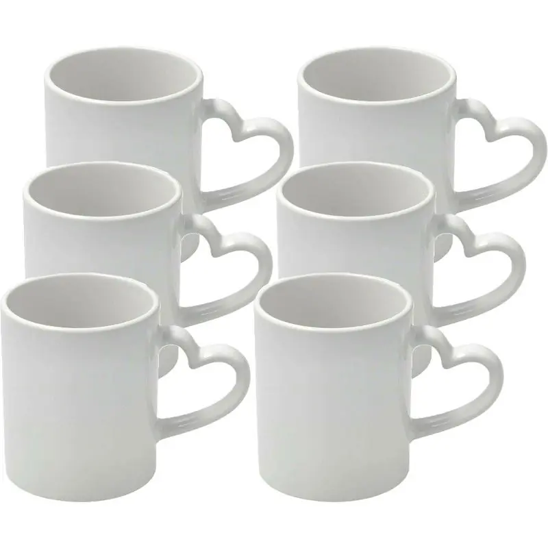 Koffiemok met handvat in hartvorm - 6x - wit - keramiek - 300 ml - Bekers Geld-Terug-Garantie