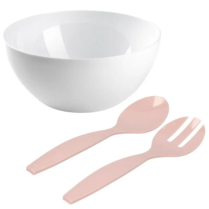 Salade/fruit serveer schaal - wit - kunststof - Dia 28 cm - met roze sla couvert/bestek - Serveerschalen Limited Edition