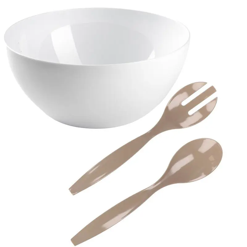 Salade/fruit serveer schaal - wit - kunststof - Dia 28 cm - met beige sla couvert/bestek - Serveerschalen Must-Have