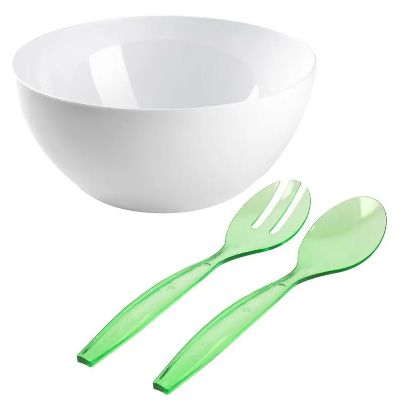 Salade serveer schaal - wit - kunststof - Dia 28 cm - met groen sla couvert/bestek - Serveerschalen In De Mode