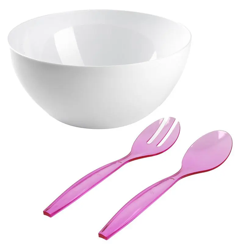 Salade serveer schaal - wit - kunststof - Dia 28 cm - met roze sla couvert/bestek - Serveerschalen Koopje