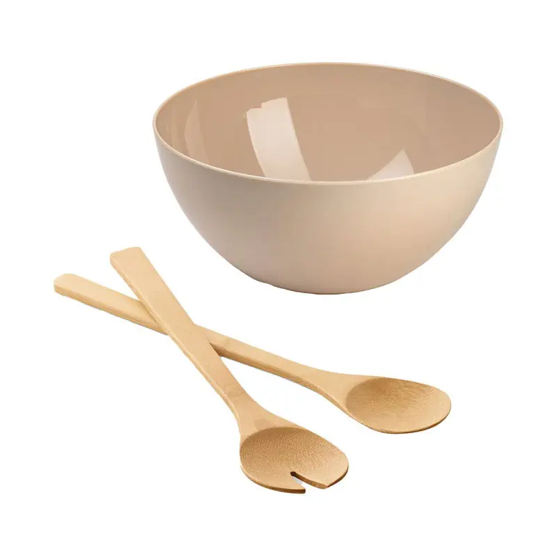 Flitsaanbieding Salade/fruit serveer schaal - beige - kunststof - Dia 28 cm - met bamboe Sla couvert/bestek - Serveerschalen