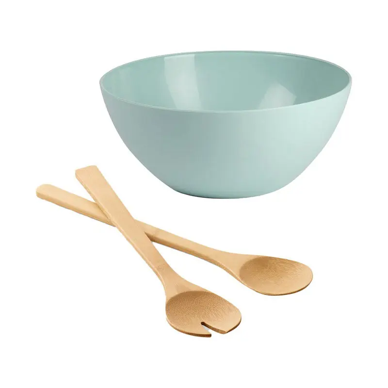 Salade/fruit serveer schaal - mintgroen - kunststof - Dia 25 cm - incl. bamboe Sla couvert/bestek - Serveerschalen Beste Prijs