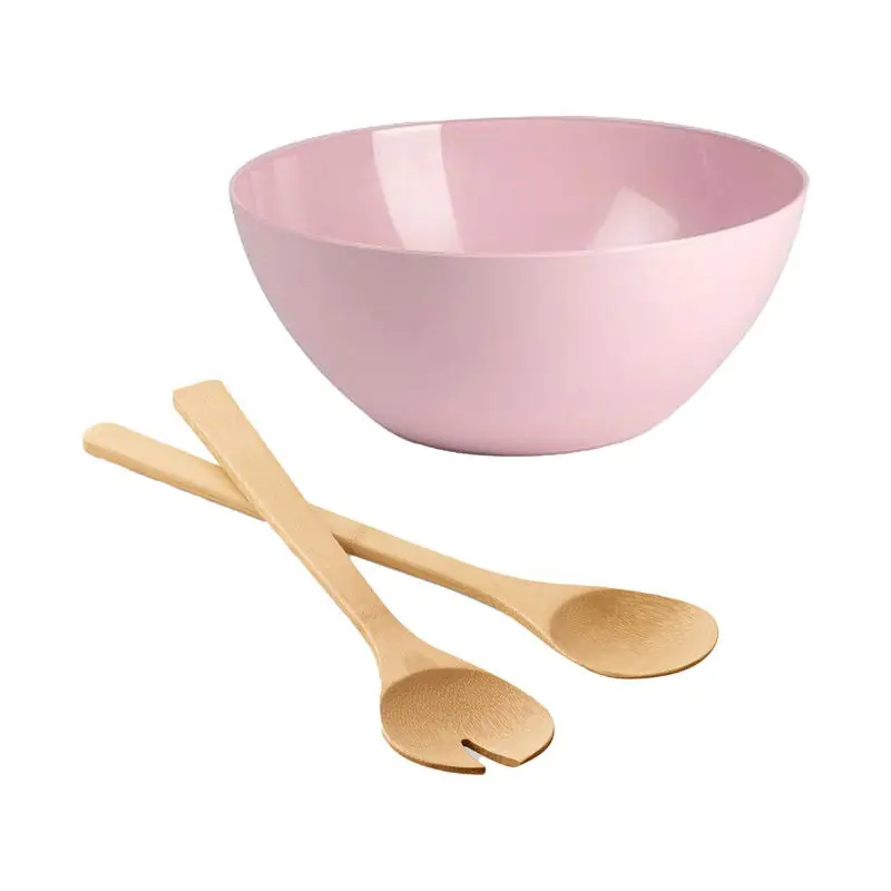 Garantie Inbegrepen Salade/fruit serveer schaal - roze - kunststof - Dia 25 cm - incl. bamboe Sla couvert/bestek - Serveerschalen