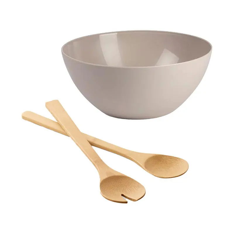 Salade/fruit serveer schaal - beige - kunststof - Dia 25 cm - incl. bamboe Sla couvert/bestek - Serveerschalen Geld-Terug-Garantie