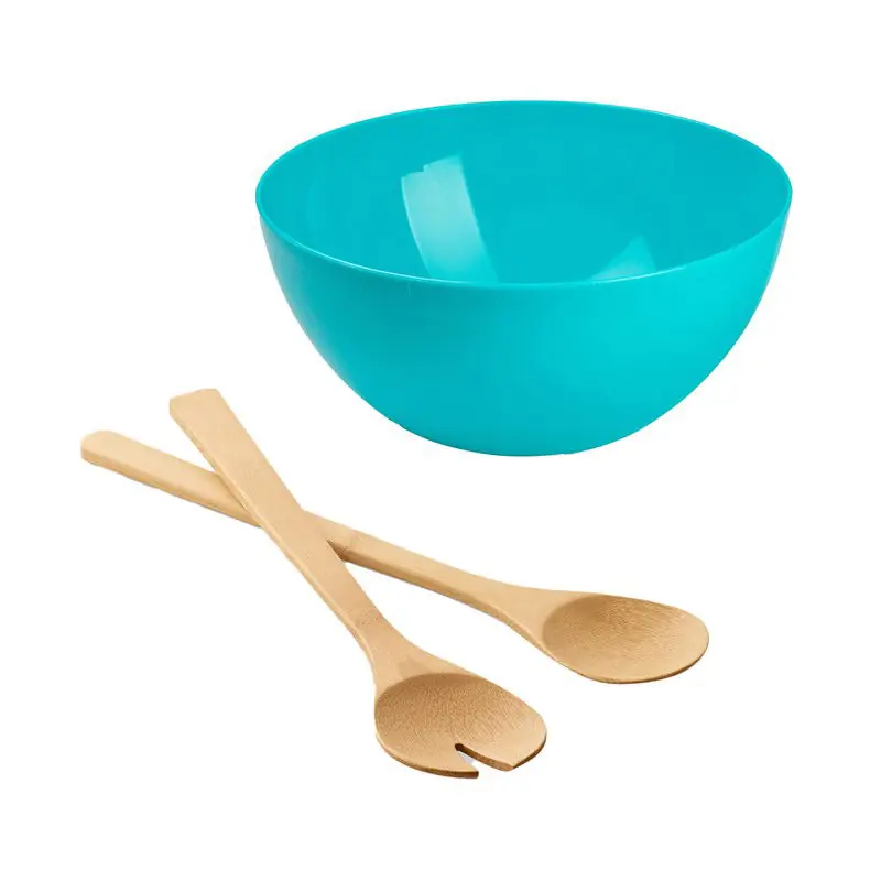 Nieuw Salade/fruit serveer schaal - blauw - kunststof - Dia 28 cm - met bamboe Sla couvert/bestek - Serveerschalen