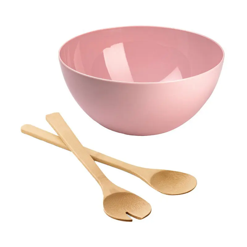 Superprijs Salade/fruit serveer schaal - roze - kunststof - Dia 28 cm - met bamboe Sla couvert/bestek - Serveerschalen