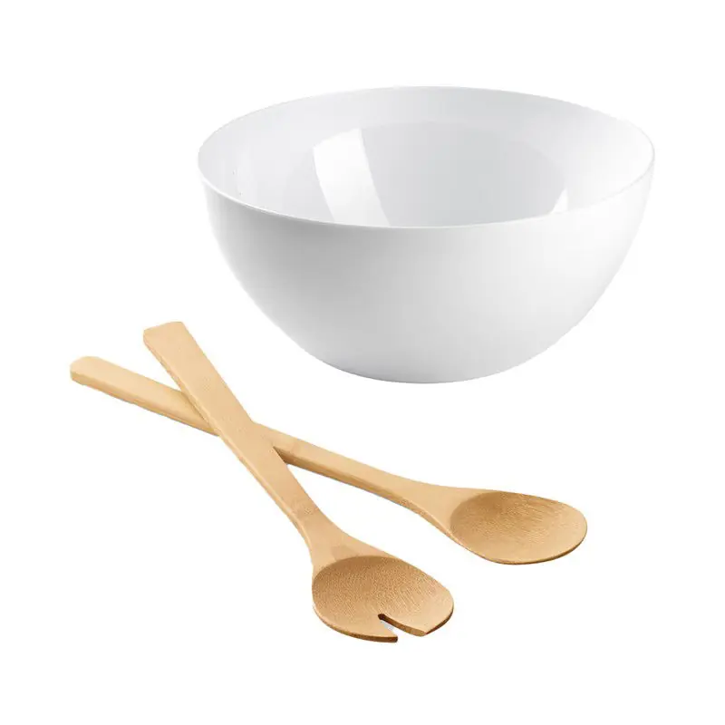 Beste Prijs Salade/fruit serveer schaal - wit - kunststof - Dia 28 cm - met bamboe Sla couvert/bestek - Serveerschalen
