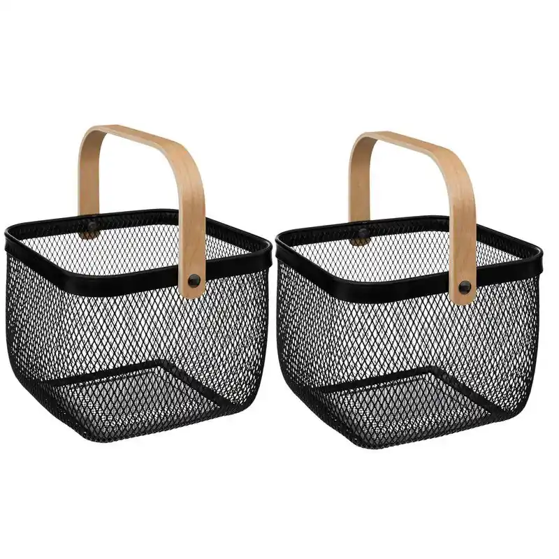 5Five draadmand/fruitschaal Maya - 2x stuks - vierkant - zwart - 26 x 26 x 18 cm - metaal/hout - Fruitschalen Weekendaanbieding