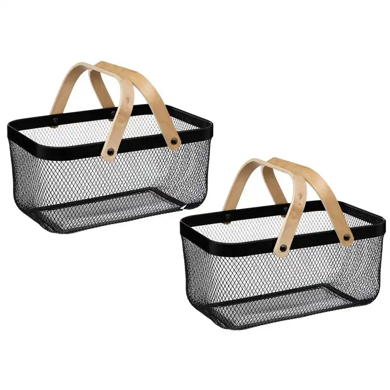 5Five draadmand/fruitschaal Maya - 2x stuks - rechthoek - zwart - 40 x 27 x 19 cm - metaal/hout - Fruitschalen Koop Online