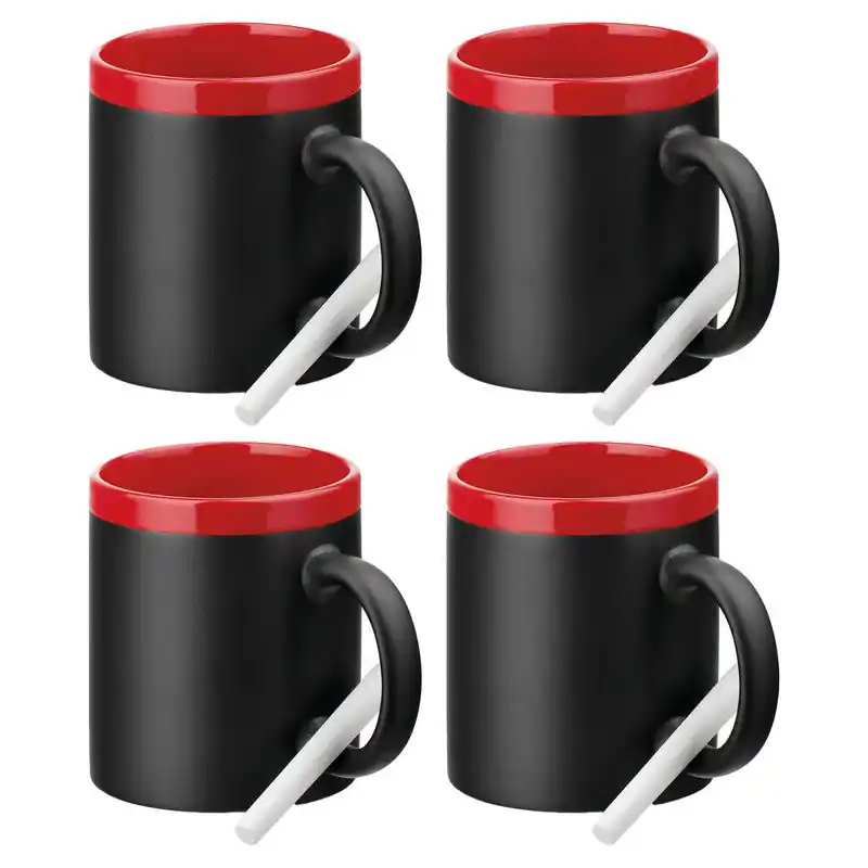 Modern Luxe krijt koffiemok/beker - 4x - rood/zwart - keramiek - met all-over schrijfvlak - 350 ml - Bekers