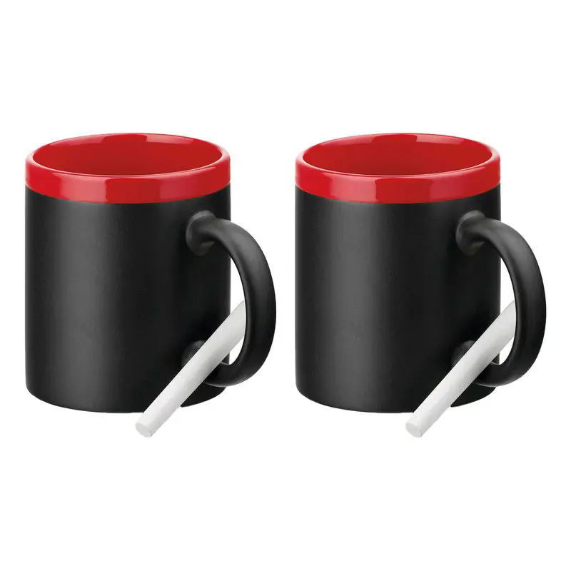 Hete Deal Luxe krijt koffiemok/beker - 2x - rood/zwart - keramiek - met all-over schrijfvlak - 350 ml - Bekers