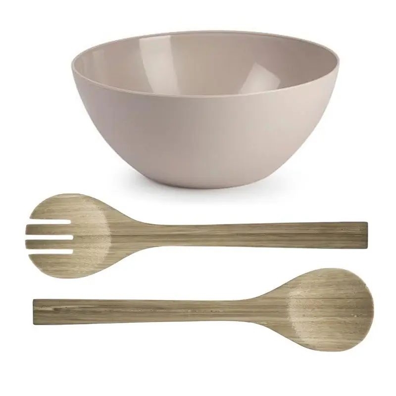 Nu Kopen Salade/fruit serveer schaal - beige - kunststof - Dia 25 cm - incl. bamboe Sla couvert/bestek - Serveerschalen